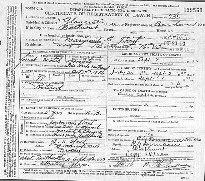 Margaret Stout s Death Certificate Died, West Bathurst, New Brunswick, Canada Born