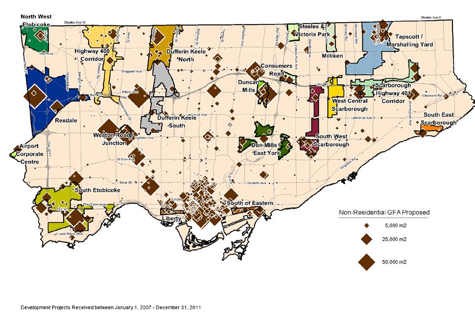 Map 4: City of Toronto Non-Residential Development and Employment Districts Development Projects Received between January 1, 2007 - December 31, 2011