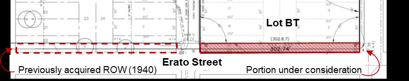 This portion of the subject property contains a part of the street and area where a sidewalk would normally be located. Figure 1. Lot BT with portion under consideration shaded.