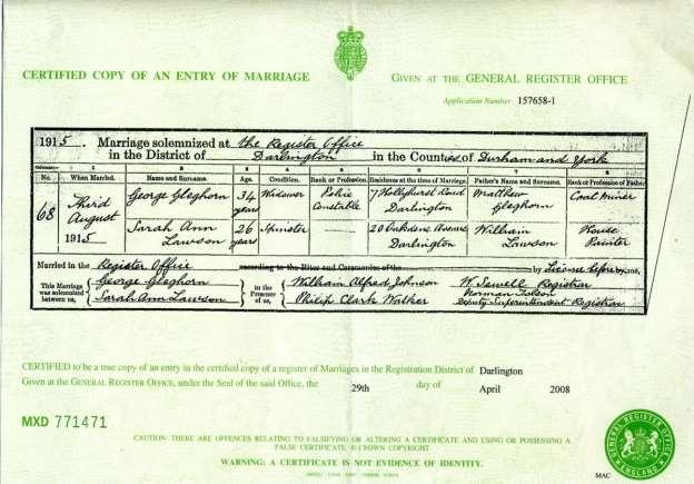 In August 1915, Bertha was aged 4 years 9 months, when her mother Sarah, aged 26, married Police Constable George Gleghorn, aged 34, at Darlington, County Durham.
