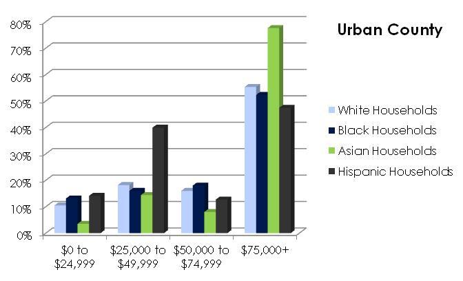 In Wayne Township, incomes were much higher than Countywide averages by race, and Hispanics and White had higher MHI than Whites and Blacks.