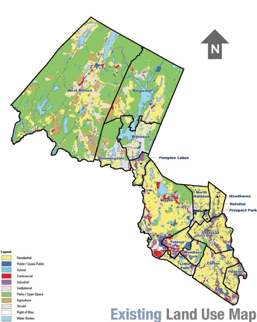 Map 4.1 Existing Land Use Map, 2012 The transportation element, developed in October of 2012, projects that Passaic County will grow to 609,000 persons by 2036.