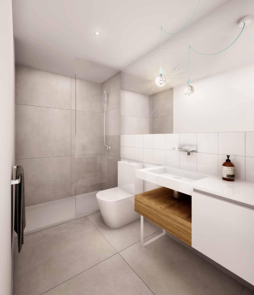 ARTIST IMPRESSION { } The minimalist bathroom design features porcelain tiling, wood accents and distinctive lighting to