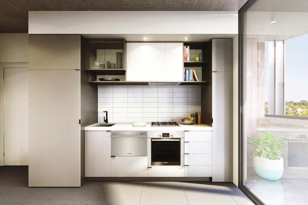 basin, white Black anodised aluminium pull handles FLOORING Kitchen/bathroom: Floor and wall - 600mm square matt tile, no exposed