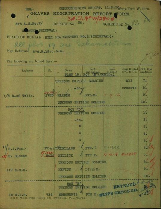 (above) William Killick s Graves Registration Report Form.
