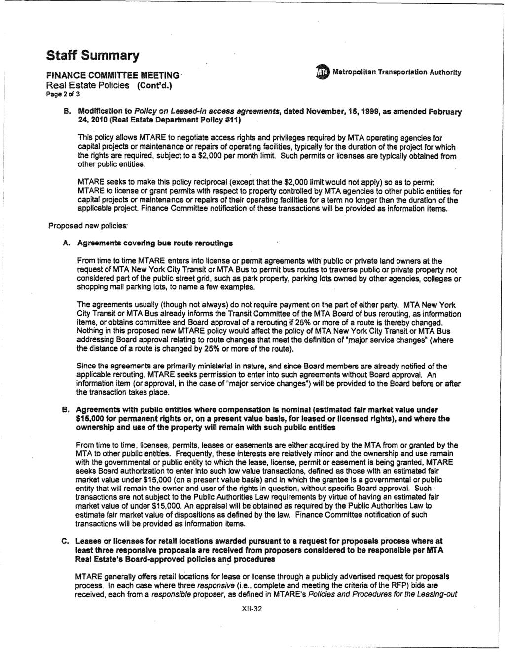 -- -- -- ------------------------' Staff Summary FINANCE COMMiTTEE MEETING' Real Estate Policies (Confd.) Page 20f 3 11 Metropolitan Transportation Authority B.