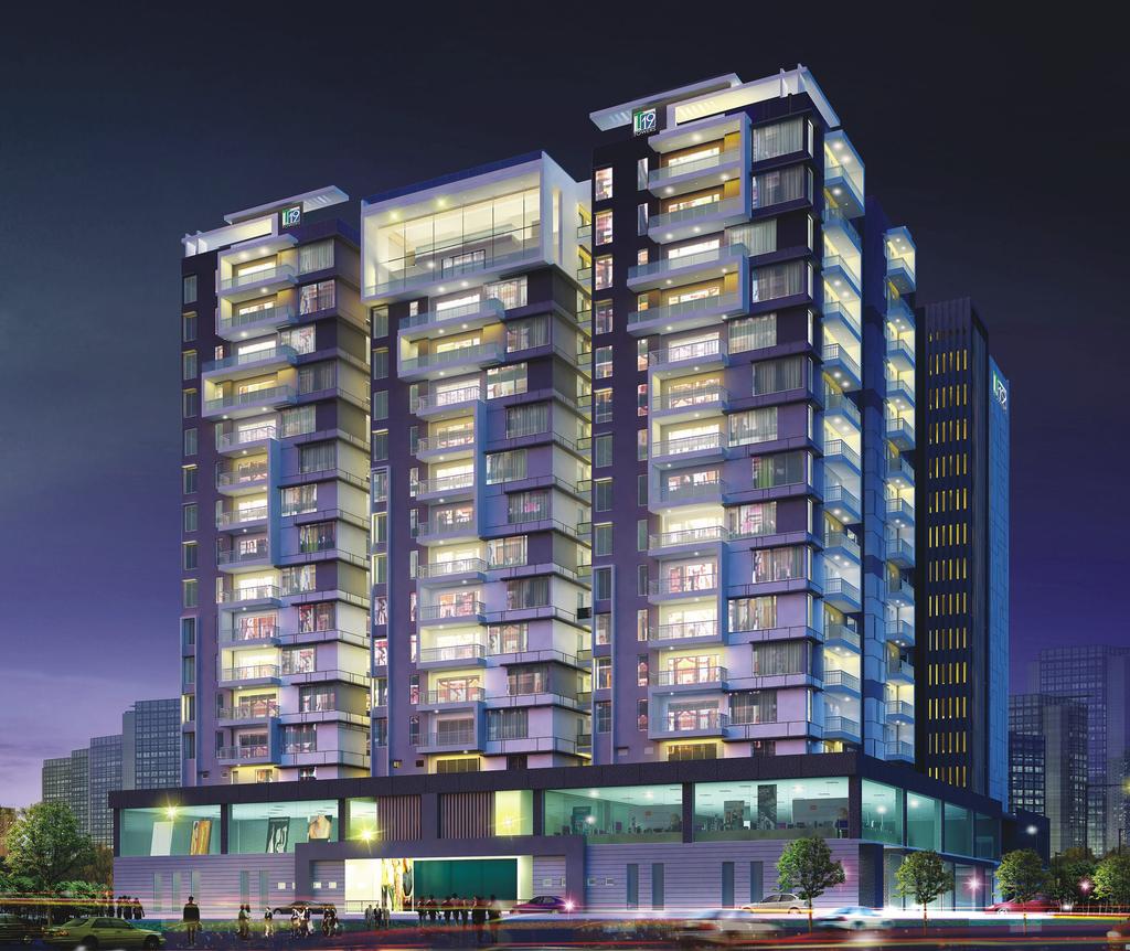A Night view of the Landmark Address PROJECT HIGHLIGHTS - RESIDENTIAL Exclusive Residential Tower Elegant Lobbies 67 Three-BHK Apartments Vaastu compliant No common walls Lavish landscaping Terrace
