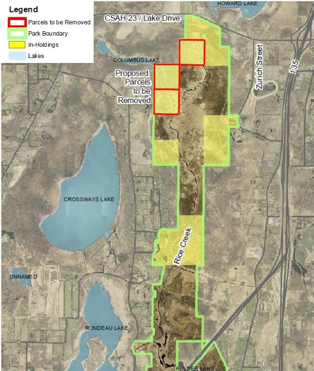 Figure 3: Proposed Removal of 120 Acres from Rice Creek Chain of Lakes Park Reserve Boundary MASTER PLAN ANALYSIS 1. Boundaries and Acquisition Costs The 1.