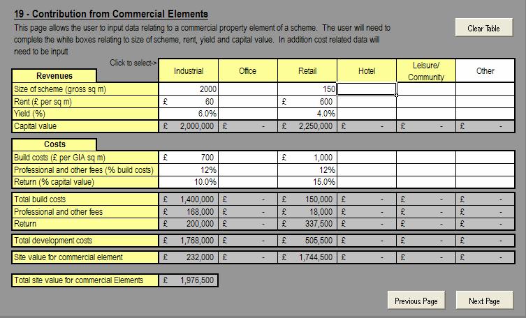 6.15 Contribution from Commercial Elements This page allows the user to input details of the commercial element of a mixed use scheme.