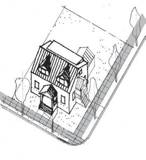 Axonometric view of typical Typical footprint envelope Description: This prototype is ideal for location at the corners of blocks, with front doors facing each of the streets, but is not limited to