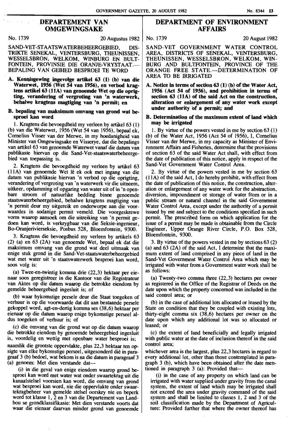GOVERNMENT GAZEITE, 20 AUGUST 1982 No. 8344 13 DEPARTEMENT VAN OMGEWINGSAKE No.
