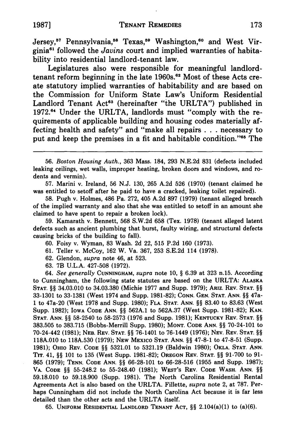 1987] Foster: Property Law - A Fresh Look at Contractual Tenant Remedies under TENANT REMEDIES Jersey, 57 Pennsylvania, 58 Texas, 59 Washington," and West Virginia 6 followed the Javins court and