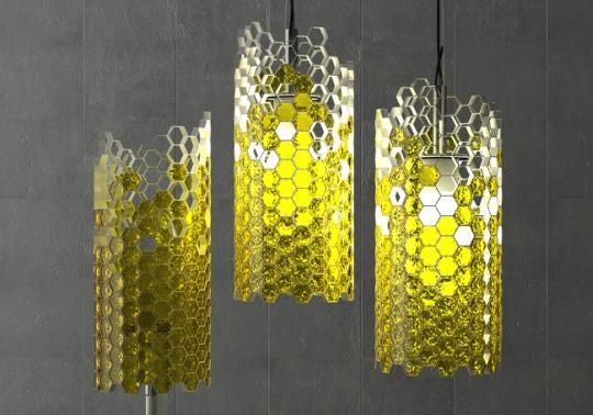 Products Inspired by Nature Using the bee's building process as inspiration, this clever Beehouse Lamp made of white plastic, paired with yellow colored crystals to emulate