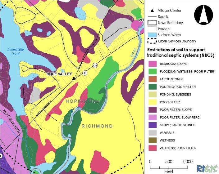 The maps above show the soils of Hope Valley characterized by the Natural Resource Conservation Service (NRCS).