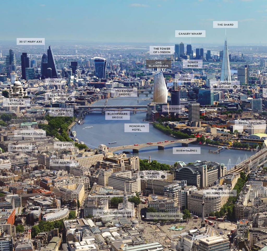 ONE LOCATION Aerial photograph of London showing location of One Blackfriars. One Blackfriars is perfectly positioned for the best that the capital has to offer.