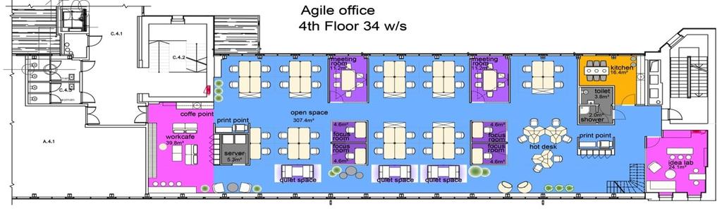 FLEXIBLE (ABW) OFFICE GENERAL ARRANGEMENT 4 TH FLOOR 34 W/S Additionally: 6 x focus room 6 hotdesks