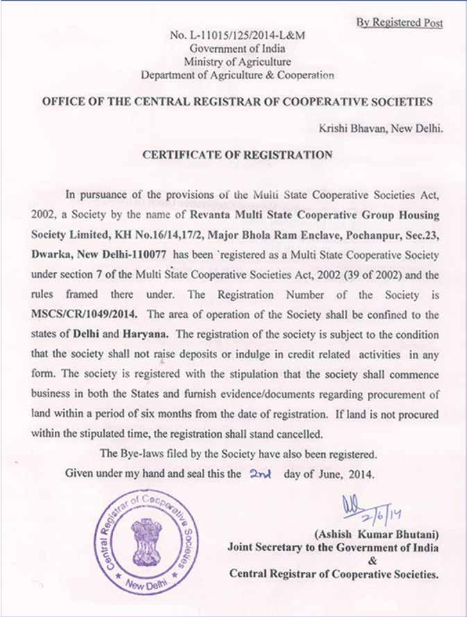 Certificate of society registration * Please refer to S. No. 1049 for registration details of REVANTA MULTI STATE C.G.H.