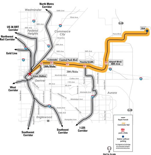 4.5 East Corridor The East Corridor will extend approximately 23 miles from Denver Union Station (DUS) through the emerging River North neighborhood and along the northern fringes of North Park Hill