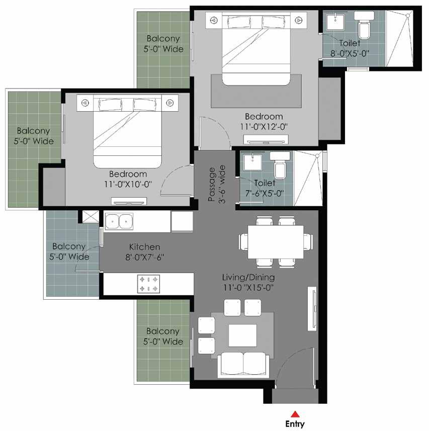 Floorplan - Type A 2 Bedrooms, Living/Dining