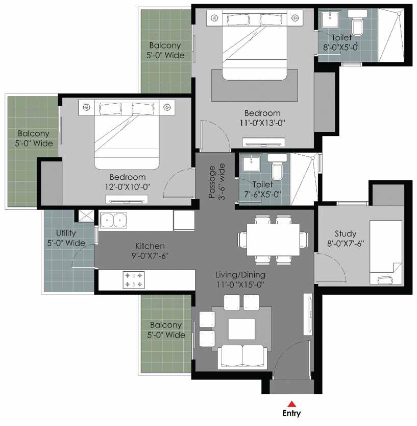 Floorplan - Type B 2 Bedrooms, Living/Dining Hall,