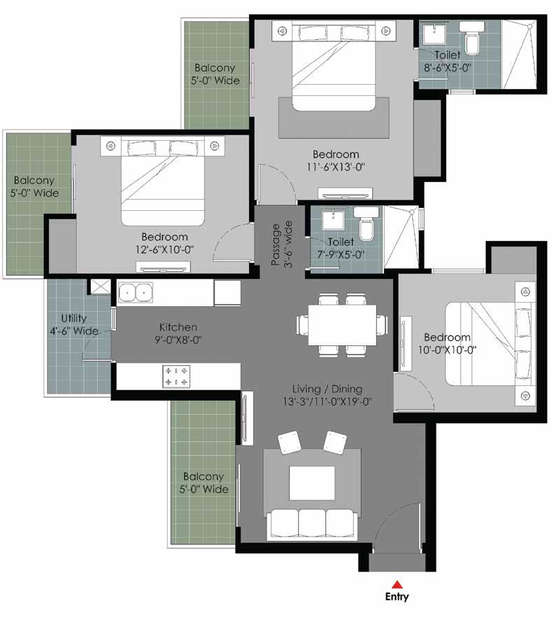 Floorplan - Type C 3 Bedrooms, Living/Dining