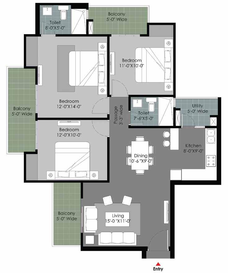 Floorplan - Type E 3 Bedrooms, Living/Dining