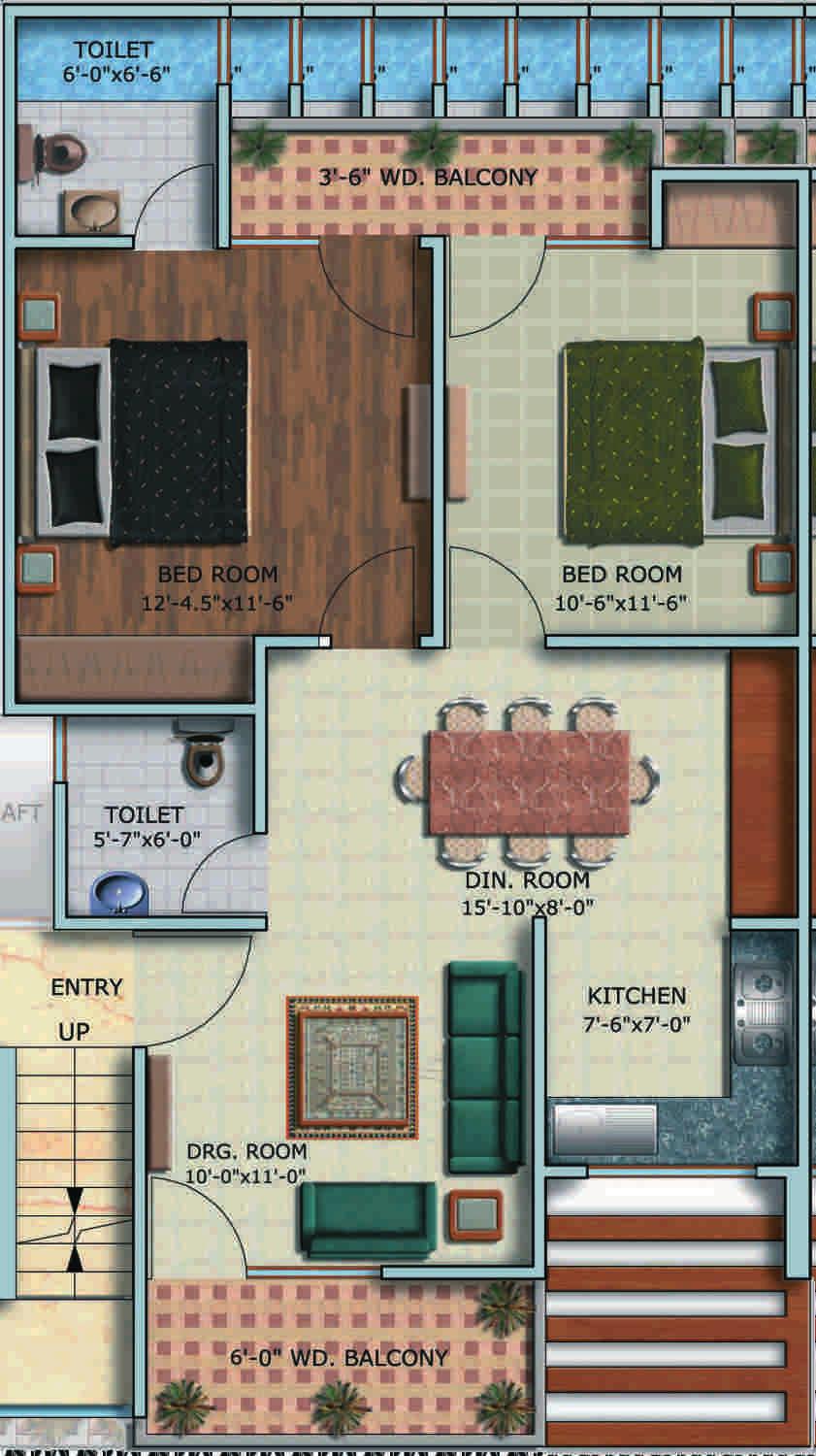 Kitchen + 2 Toilets + 2 Balconies Ground Floor Plan - 1145