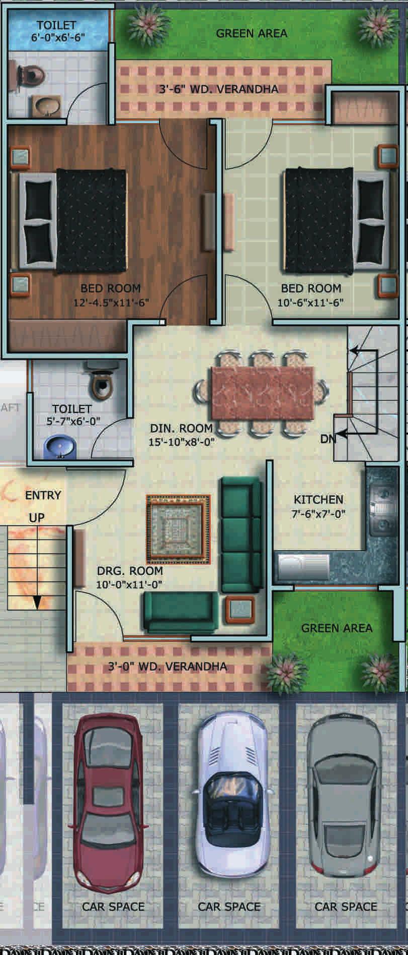 2 Bedrooms + Dining + Kitchen + 2 Toilets + 2 Balconies