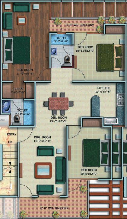 (Terrace) 2 Bedrooms + Dining + Kitchen + 2 Toilets + 2 Balconies Ground