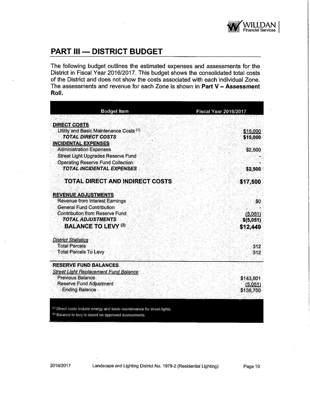 ik^willdan Financial Services PART DISTRICT BUDGET The following budget outlines the estimated expenses and assessments for the District in Fiscal Year 2016/2017.