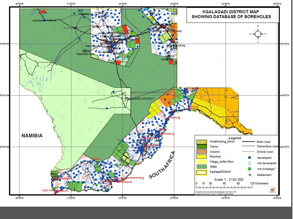 The map above shows all the boreholes in Kgalagadi district depicting the developing status of the boreholes clearly.