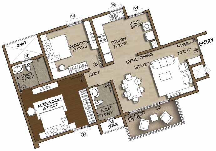 TYPICAL FLOOR PLA 2 Bedrooms + 2 Toilets Unit - Type 1 KEY PLA SUPER BUILT-UP AREA CARPET AREA TYPICAL UIT UMBERS 1250 Sq.ft. / 116.13 Sq.m. 849 Sq.ft. / 78.