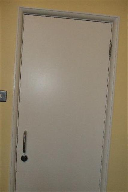 Accomodation 49 and 50 internal doors generic: Door width less than 750mm. Accomodation 49 and 50 internal doors generic: Example of security device and handle provided to doors.