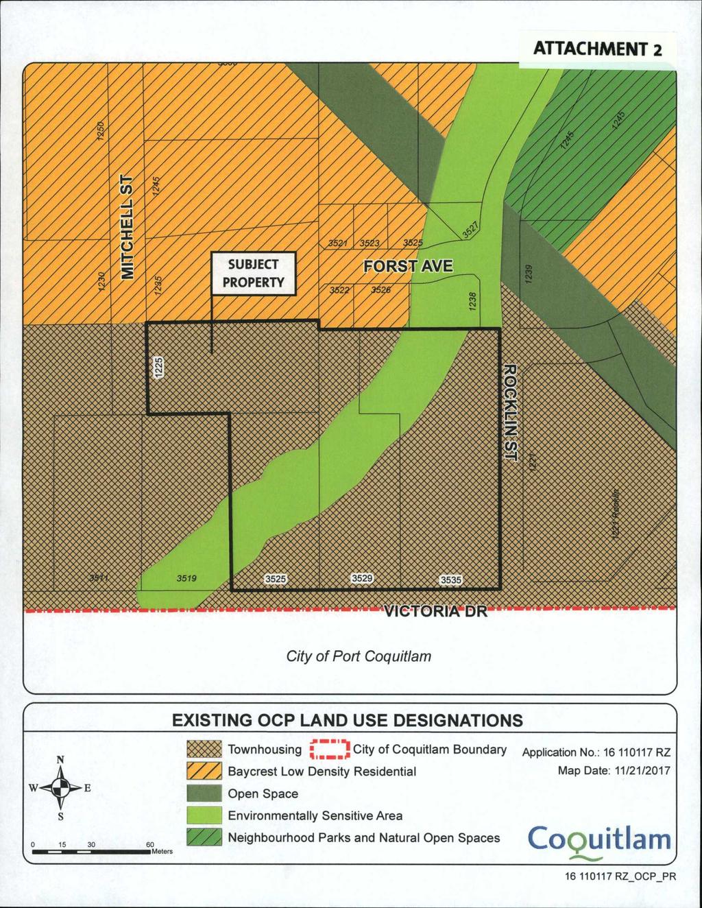 ATTACHMENT 2 T EXISTING OOP LAND USE DESIGNATIONS N S 0 15 30 Townhousing City of Coquitlam Boundary, Application No.
