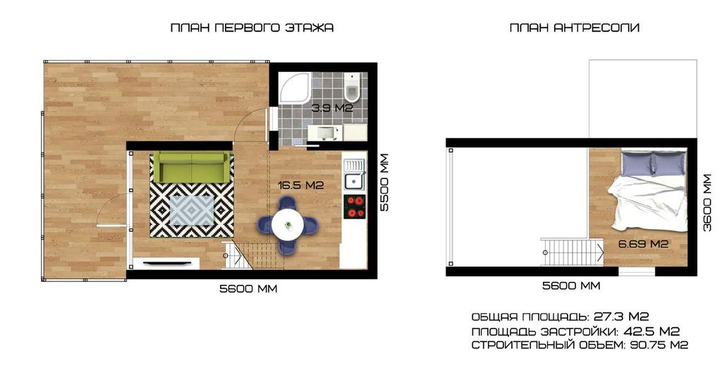Ground floor distribution Attic floor distribution Floor area: 27,3 м². Building area: 42,5 m². Building volume: 90,8 m³.