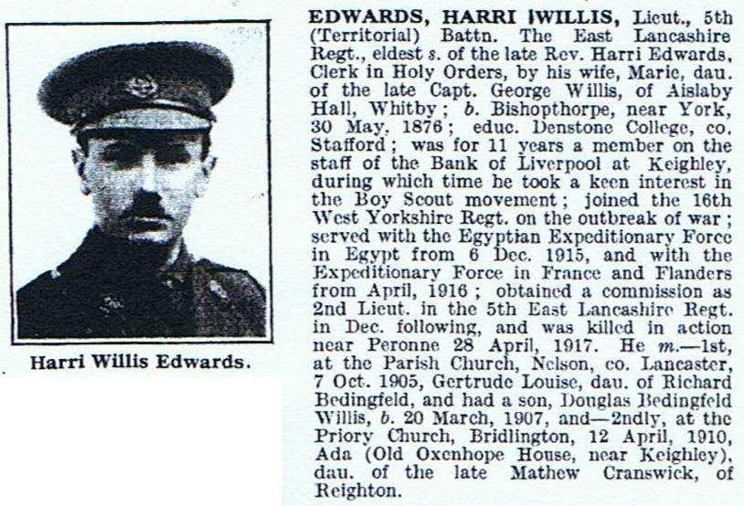 Article Date: 04 July 1919 PEACE SUPPLEMENT TO THE 'CRAVEN HERALD' - CRAVEN'S FALLEN OFFICERS: LIEUTENANT H. W. EDWARDS West Yorks.