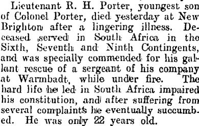 15 January 1901 - Robert Hugh PORTER enlisted for the 6 th Contingent, No.