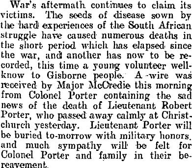 Robert transferred from the 6 th to the 7 th and then to the 9 th Contingents before returning back to Gisborne in 1904.