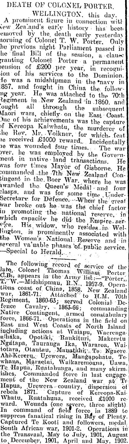 13 November 1920 MAORI WAR VETERAN. Col Thomas William Rose & Herewaka te Rangi- Paea PORTER S children were, Sons are: b.