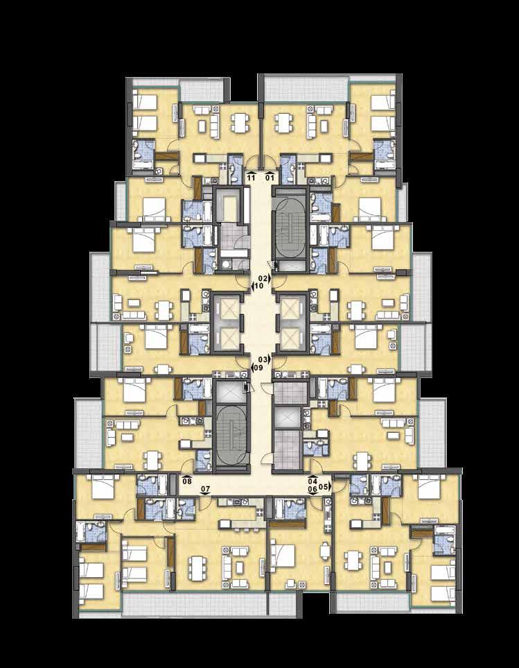 TYPICAL FLOOR PLAN LEVELS 9 & 12 UNIT FEATURES Kitchen cabinets and countertops with refrigerator, washing machine with dryer option, hob, oven Balconies as per unit plan Wardrobes in bedrooms Tiled
