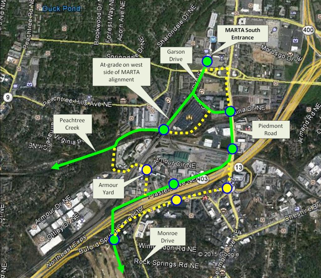 southwest, the alignment runs back along Garson Drive, crosses Peachtree Creek near the Atlanta Decorative Arts Center, and continues to the west.