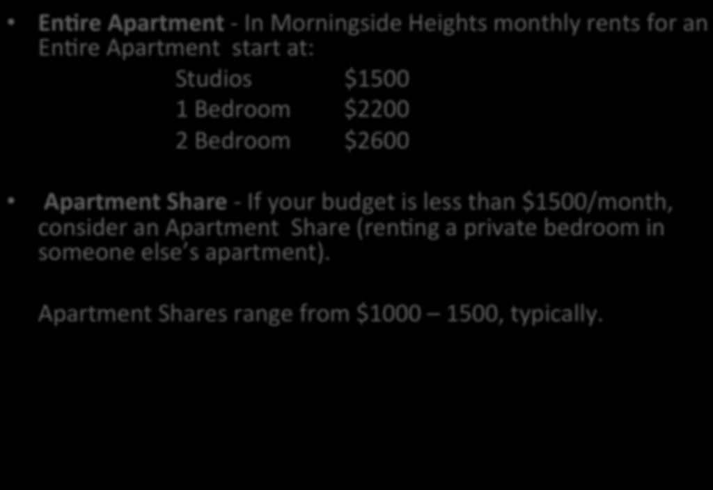 What does it cost to rent an apartment or a room near Columbia?