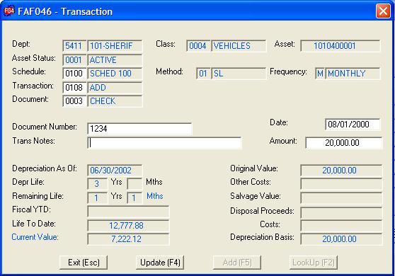 Transactions This is the screen that provides the monetary information relative to depreciation of the asset.