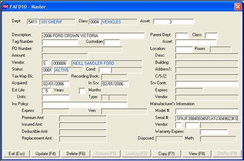 Entering Assets The required fields to enter an asset on the Asset Maint screen are: Dept, Class, Asset #, Description, and Status Other important fields include: Tag Number, Vendor,