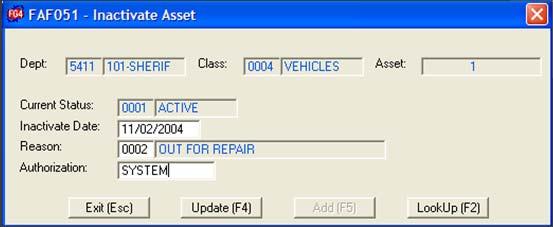 Inactivate From the Asset Maint. screen, select OthPrc(F9) and Inactivate Inactivate This option allows you to change the status of an asset to inactive.