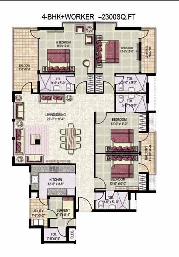 Klassic heights apartments Floor Plan - 4 bedroom + Worker