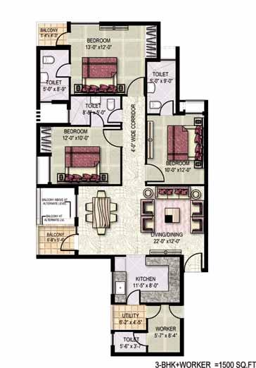 Klassic heights apartments Floor Plan - 3 bedroom + Worker