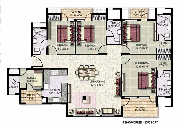 Klassic heights apartments Floor Plan - 4 bedroom + Worker