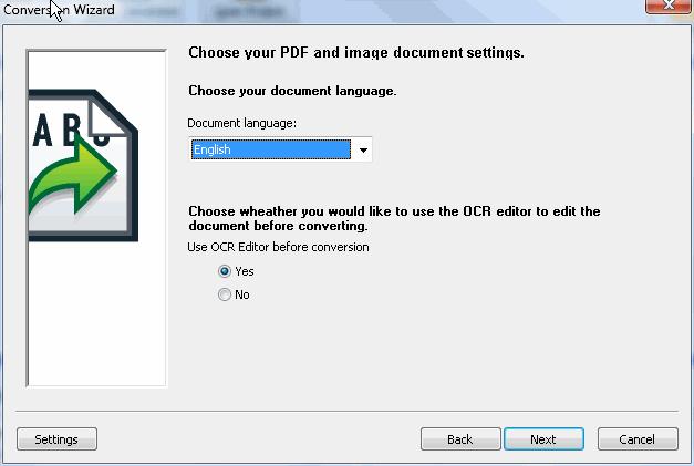 Pasirinkite PDF ir vaizdinių dokumentų nustatymus Kai ateisite iki šio etapo, reikės pasirinkti konvertuoti arba PDF dokumentą arba iš anksto nuskenuotą vaizdą.