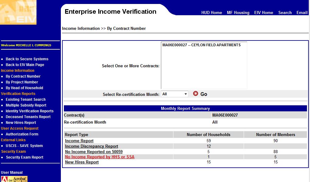 the match against either the NDNH or SSA databases (No Income Reported by HHS or SSA). By Contract Number These reports are automatically generated by contract number.